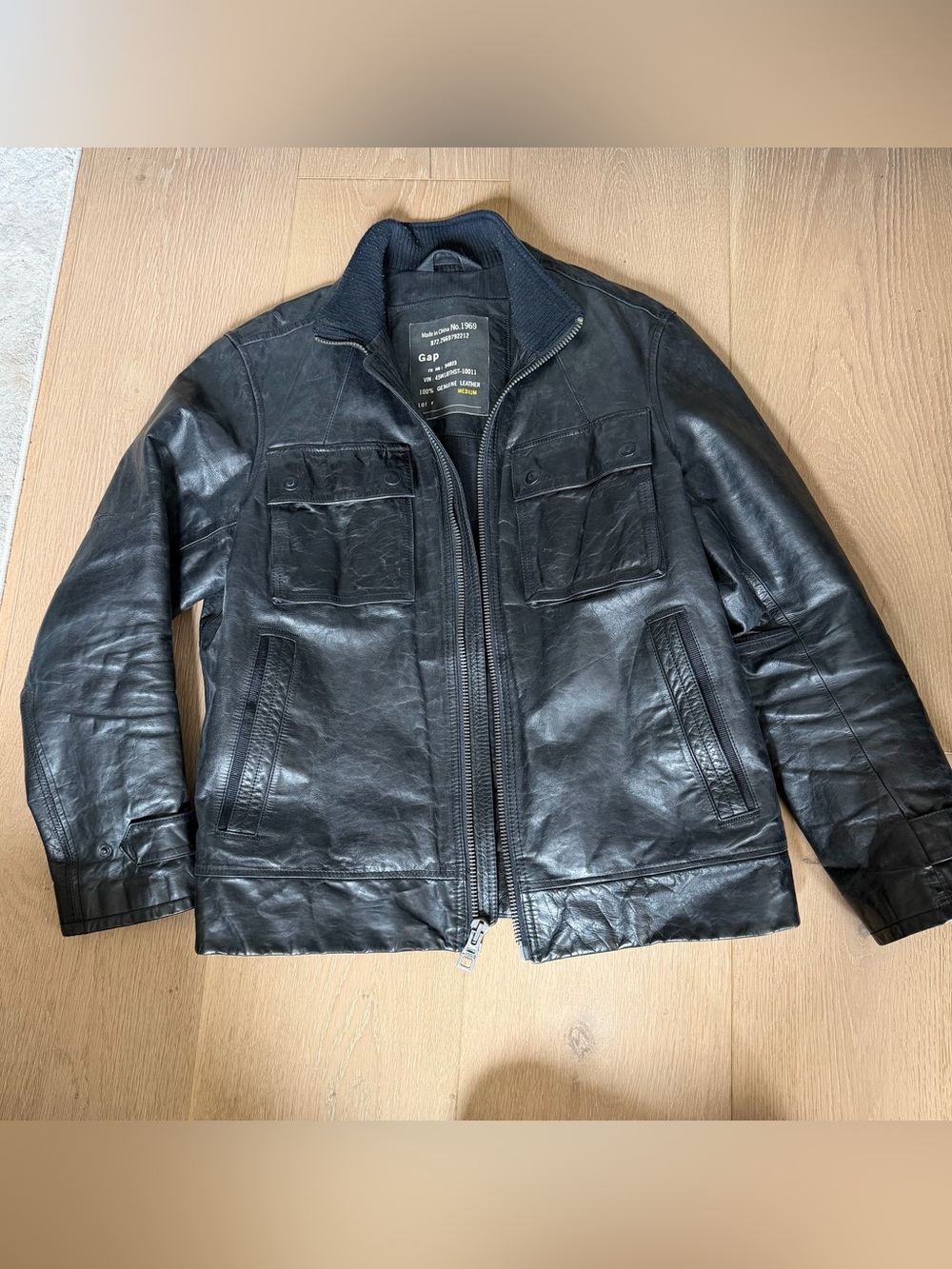GAP Black Leather Bomber Jacket with Zip Front